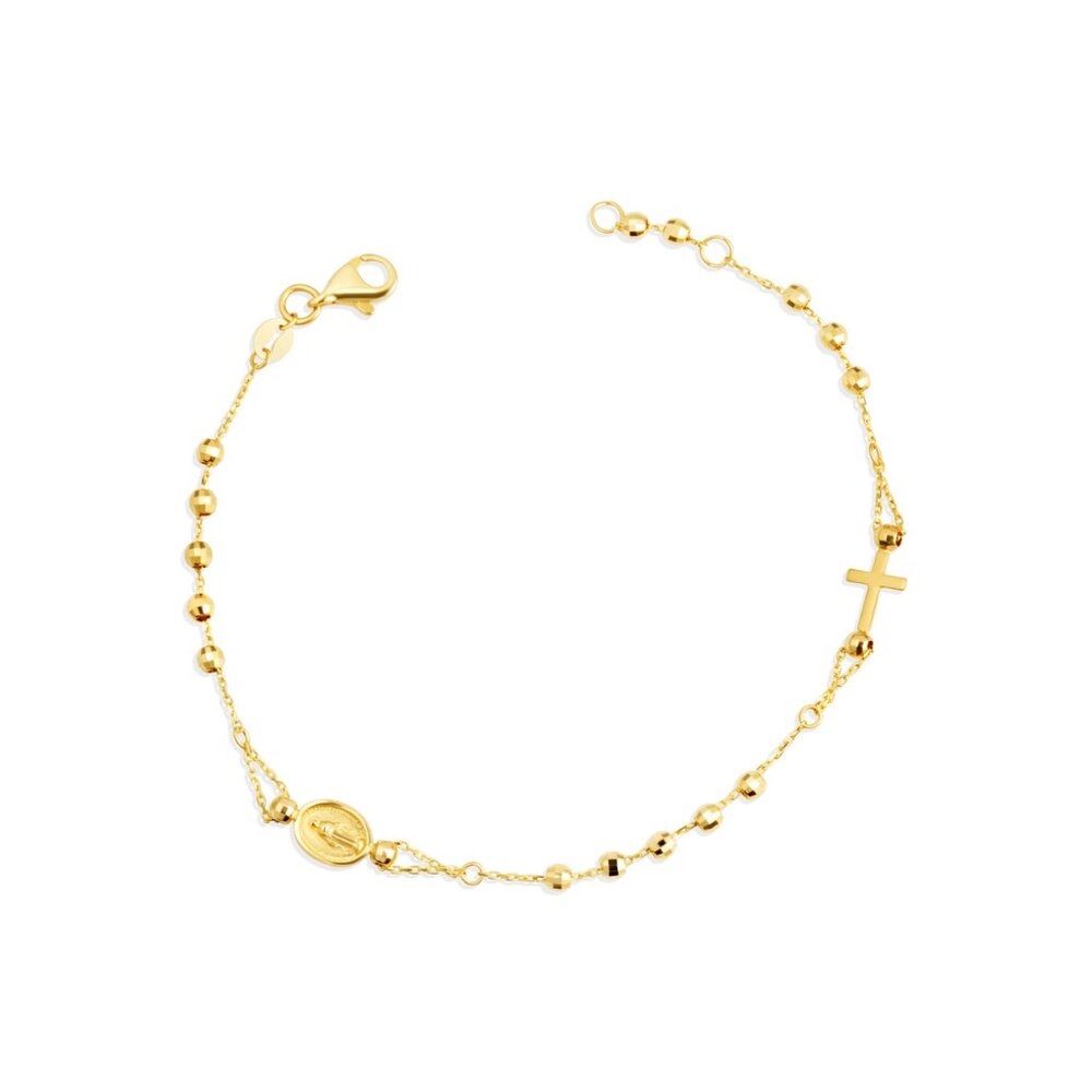 14K Solid Yellow Gold Religious Cross Mother Mary Medallion Bracelet Adjustable